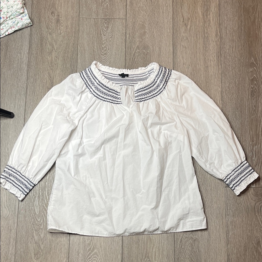 Talbots White Blouse with black Embroidery size medium 100% cotton